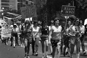 Participants in the 17th annual Gay Pride Parade, Peachtree Street, Atlanta, Georgia, June 21, 1986.