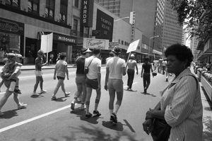 Participants at the 17th annual Gay Pride Parade, near Woolworth's, Peachtree Street, Atlanta, Georgia, June 21, 1986.