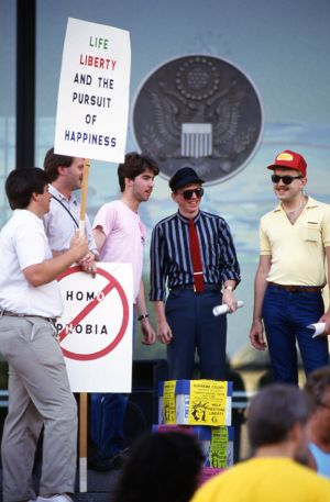 Gay rights demonstration, held in the wake of the U.S. Supreme Court decision on Bowers v. Hardwick, a Georgia sodomy case, Richard B. Russell Federal Building, Atlanta, Georgia, July 3, 1986.