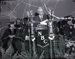 James M. Cox, Sr., speaking at the 1941 commencement ceremony for Georgia Tech, Atlanta, Georgia, 1941.