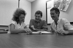 Atlanta playwright, Rebecca Ranson, actor, Jon Goldman, and stage manager and AIDS patient, Rick Bowles, Atlanta, Georgia, July 21, 1986.