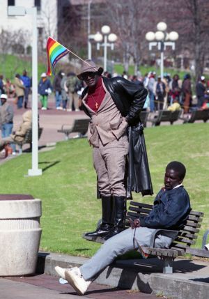 Demonstrator, Peter Stinner, at the Olympics-Out-of-Cobb protest, Woodruff Park, Atlanta, Georgia, February 27, 1994.