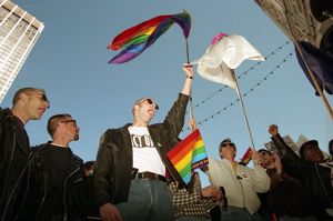 Members of the AIDS Coalition to Unleash Power (ACT UP) at the Olympics-Out-of-Cobb protest, Woodruff Park, Atlanta, Georgia, February 27, 1994.