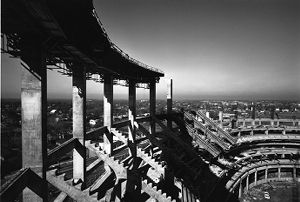 Framework of the Georgia Dome, showing upper seating, during its early construction, Atlanta, Georgia, January 1991.
