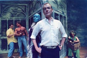 Playwright Jim Grimsley with cast of "Mr. Universe," 7 Stages Theatre, Atlanta, Georgia, 1987.