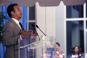 Atlanta Mayor Andrew Young, speaking at the dedication ceremony for the American Cancer Society's national headquarters, Atlanta, Georgia, June 8, 1989.