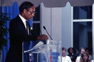 Speaker at the dedication ceremony for the American Cancer Society's national headquarters, Atlanta, Georgia, June 8, 1989.