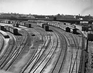 Railway Express Agency railroad cars on the tracks, Atlanta, Georgia, October 1950.