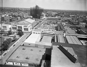Looking east on the Municipal Auditorium, now known as Dahlberg Hall, taken from the Hurt Building, Atlanta, Georgia, April 1955.