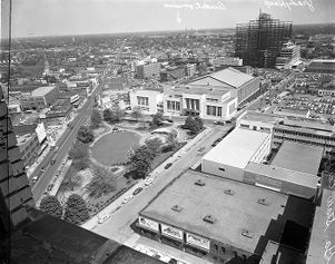 Looking northeast on the Municipal Auditorium, now known as Dahlberg Hall, taken from the Hurt Building, Atlanta, Georgia, April 1955.