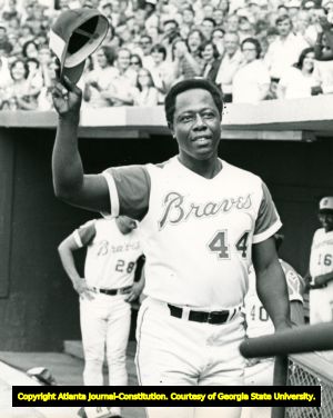 Atlanta Braves baseball player Hank Aaron tips his hat after hitting his 700th homerun, Atlanta, Georgia, July 21, 1973.