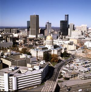 Aerial view of the Georgia State Capitol, looking north towards downtown, Atlanta, Georgia, November 12, 1977.