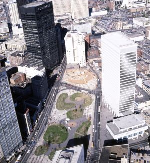 Aerial view of Woodruff Park and the Candler Building, Atlanta, Georgia, November 12, 1977.