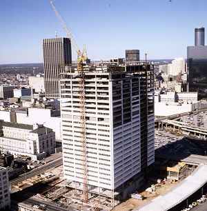 Aerial view of the Richard B. Russell Federal Building and Courthouse under construction, Atlanta, Georgia, November 12, 1977.