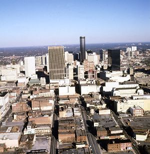 Aerial view of Spring Street, looking north towards Centennial Tower, Atlanta, Georgia, November 12, 1977.