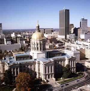 Aerial view of the Georgia State Capitol, looking northwest towards downtown, Atlanta, Georgia, November 12, 1977.