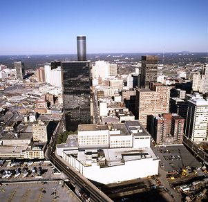 Aerial view of Spring Street, looking north towards Centennial Tower, Atlanta, Georgia, November 12, 1977.