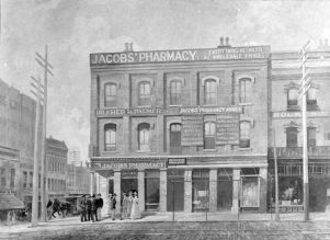 Painting of Jacobs' Pharmacy, where the first Coca-Cola fountain drink was sold, Five Points, Atlanta, Georgia, November 25, 1969.
