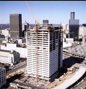 Aerial view of the Richard B. Russell Federal Building and Courthouse under construction, Atlanta, Georgia, November 12, 1977.