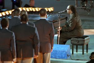 Stevie Wonder performing "Very Superstitious" at the 1996 Olympics closing ceremony, Atlanta, Georgia, August 4, 1996.