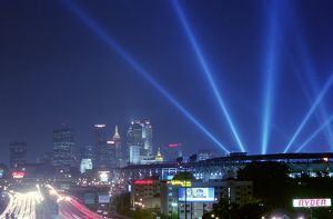 Atlanta skyline during the 1996 Olympics closing ceremony, Georgia, August 4, 1996.
