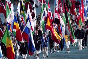 National flags being carried at the 1996 Olympics closing ceremony, Atlanta, Georgia, August 4, 1996.