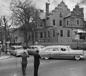 Ambulances carrying patients from the old Piedmont Hospital location on Capitol Avenue to the new one on Peachtree Road, Atlanta, Georgia, March 26, 1957.