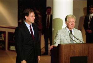 Democratic vice presidential candidate Al Gore with Jimmy Carter, press conference at the Carter Center, Atlanta, Georgia, July 28, 1992.