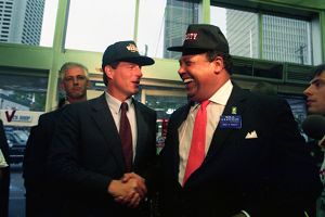 Democratic vice-presidential candidate Al Gore with Mayor Maynard Jackson at the Varsity, Atlanta, Georgia, July 27, 1992.