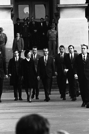 President Richard Nixon and First Lady Pat Nixon, attending Richard Russell's funeral service, Georgia State Capitol, Atlanta, January 23, 1971.