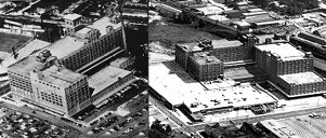 Sears, Roebuck and Company fulfillment center building on Ponce de Leon Avenue before and after a major expansion, Atlanta, Georgia, September 10, 1967.