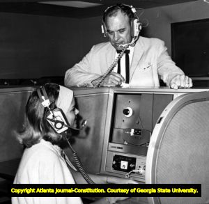 Technology with headphones, Georgia State College, Atlanta, Georgia, 1968.