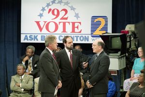 Presidential candidate Bill Clinton, appearing with Dr. Bill McClatchey on WSB-TV, Atlanta, Georgia, June 21, 1992.