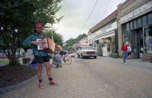 Maurice Wolfgang playing the accordion in Little Five Points, Atlanta, Georgia, June 27, 1991.