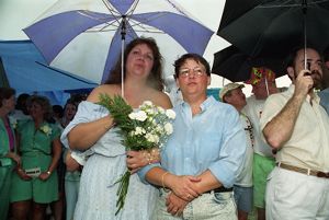 Partners Sandra Riley and Cheryl Summerville at a gay-lesbian commitment ceremony, Piedmont Park, Atlanta, Georgia, June 22, 1991.