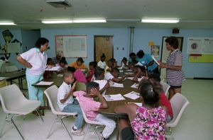 Children's knowledge of HIV/AIDS being tested, Harrison Square public housing, Gainsville, Georgia, July 28, 1992.