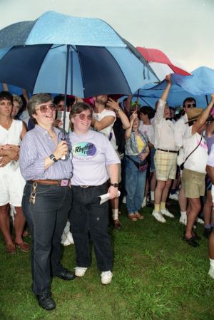 Partners Skip Marklein and Derlene Warren participating in a gay-lesbian commitment ceremony, Piedmont Park, Atlanta, Georgia, June 22, 1991.