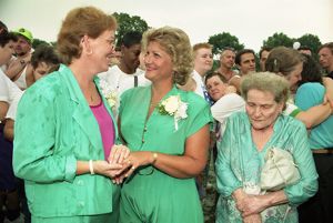 Gene Bowers with her partner Lyn Hall and mother Edna Bowers, participating in a gay-lesbian commitment ceremony, Piedmont Park, Atlanta, Georgia, June 22, 1991.