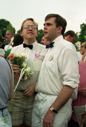 Partners Brad Pitts and Brad Herr participating in a gay-lesbian commitment ceremony, Piedmont Park, Atlanta, Georgia, June 22, 1991.
