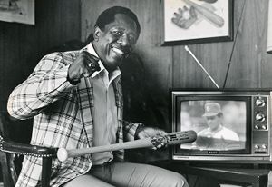 Hank Aaron in Ted Turner's office, Atlanta-Fulton County Stadium, Atlanta, Georgia, July 6, 1983.