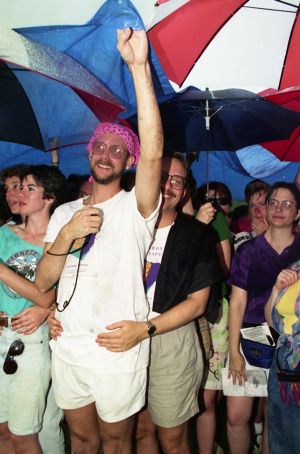 Gay couples at a gay-lesbian commitment ceremony in Piedmont Park, Atlanta, Georgia, June 22, 1991.