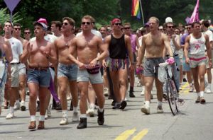 Shirtless men in the Gay Pride Day parade, Atlanta, Georgia, June 23, 1991.