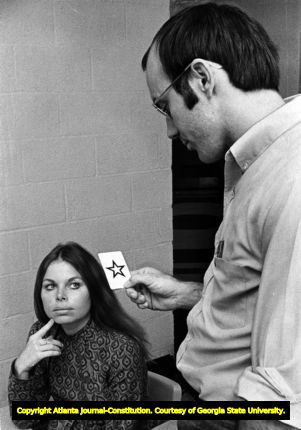Instructor testing student (for clairvoyance?), Georgia State University, Atlanta, Georgia, April 30, 1972.