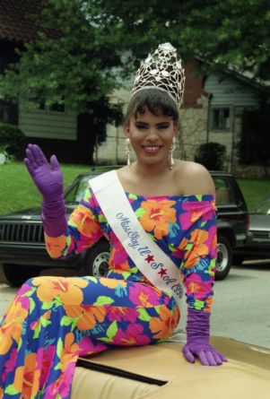 Miss Gay USA 1990, Cezanne, riding in the Gay Pride Day parade, Atlanta, Georgia, June 23, 1991.
