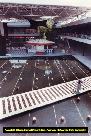 Pond and food court in the Rio Shopping Center, Midtown, Atlanta, Georgia, May 30, 1990.