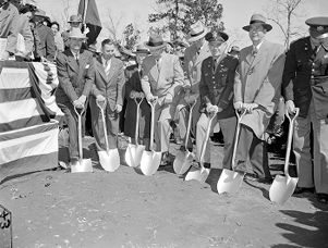 Ground breaking ceremony at Buford Dam with Governor Herman Talmadge, Weldon Garner, E. L. Hart, W. B. Hartfield, J. Larry Kleckley, Col. B. L. Robinson, and Roy Otwell, Buford, Georgia, March 2, 1950.
