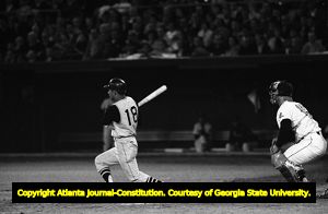 First Major League Baseball game in the southeast (Atlanta Braves against the Pittsburgh Pirates), Pirate Matty Alou batting, Atlanta Stadium, Atlanta, Georgia, April 12, 1966.