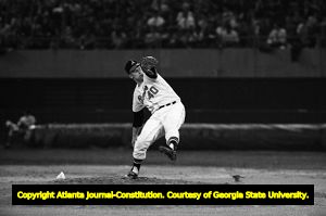 First Major League Baseball game in the southeast (Atlanta Braves against the Pittsburgh Pirates), Braves pitcher Tony Cloninger on the mound, Atlanta Stadium, Atlanta, Georgia, April 12, 1966.