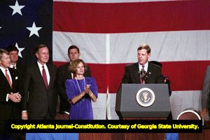 Johnny Isakson speaking at a political fundraiser for his campaign for Governor of Georgia, Atlanta, Georgia, October 10, 1990.