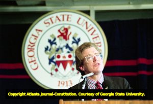 Speaker at a press conference regarding Georgia State University's renovations to the Rialto Theater, Atlanta, Georgia, July 8, 1992.